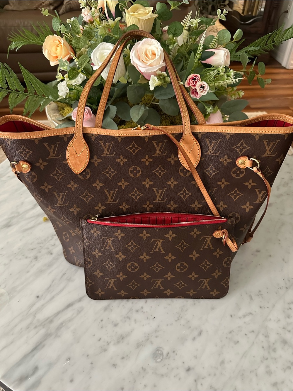 Louis Vuitton Monogram Canvas Tote with Red Interior Pouch